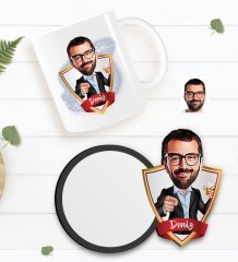 Kişiye Özel Erkek Karikatürlü Beyaz Kupa ve Ahşap Bardak Altlığı Hediye Seti-50