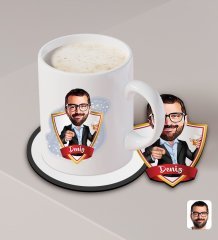 Kişiye Özel Erkek Karikatürlü Beyaz Kupa ve Ahşap Bardak Altlığı Hediye Seti-50