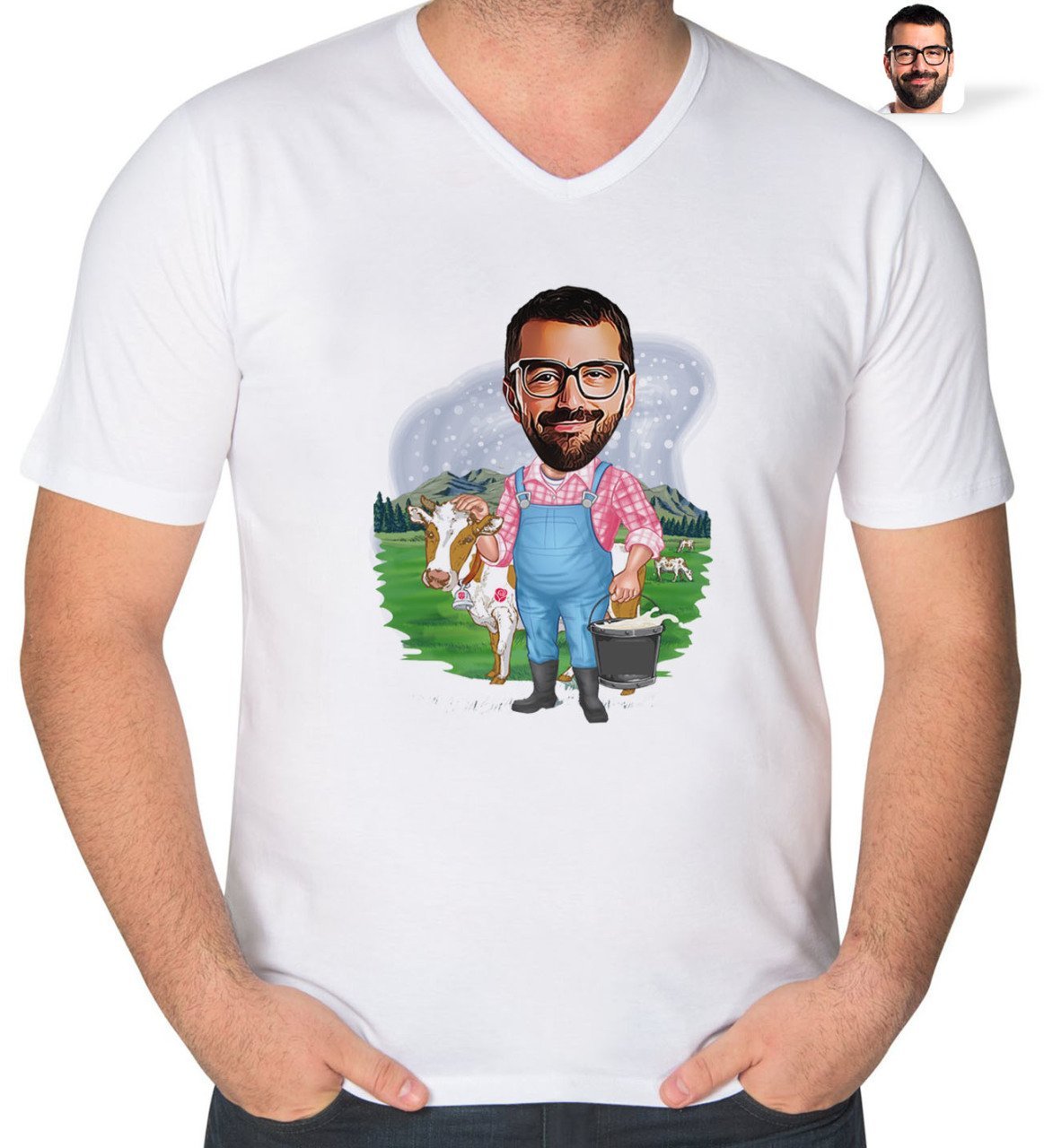 Kişiye Özel Çiftçi Karikatürlü V Yaka Tişört-1