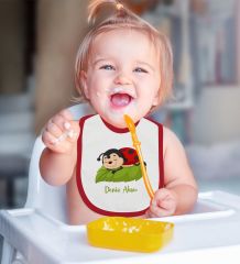 BK Kids Kişiye Özel Uğur Böceği Tasarımlı Kırmızı Bebek Mama Önlüğü-2