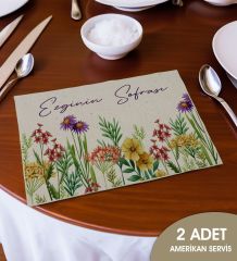 BK Gift Kişiye Özel Çiçek Tasarımlı 2’li Keten Amerikan Servis Seti-8, Ev Hediyesi,Baskılı Servis Bezi, Mutfak Dekoru