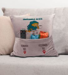BK Gift Eğlenceli Tasarımlı Organizer Kumanda ve Atıştırmalık Cepli Pembe Kırlent Yastık- 6, Ev Dekoru, Ev Hediyesi