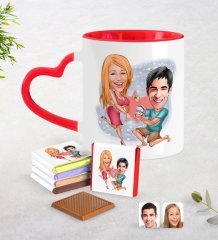 Kişiye Özel Sevgililer Karikatürlü Kırmızı Kalpli Kupa ve Çikolata Seti-19