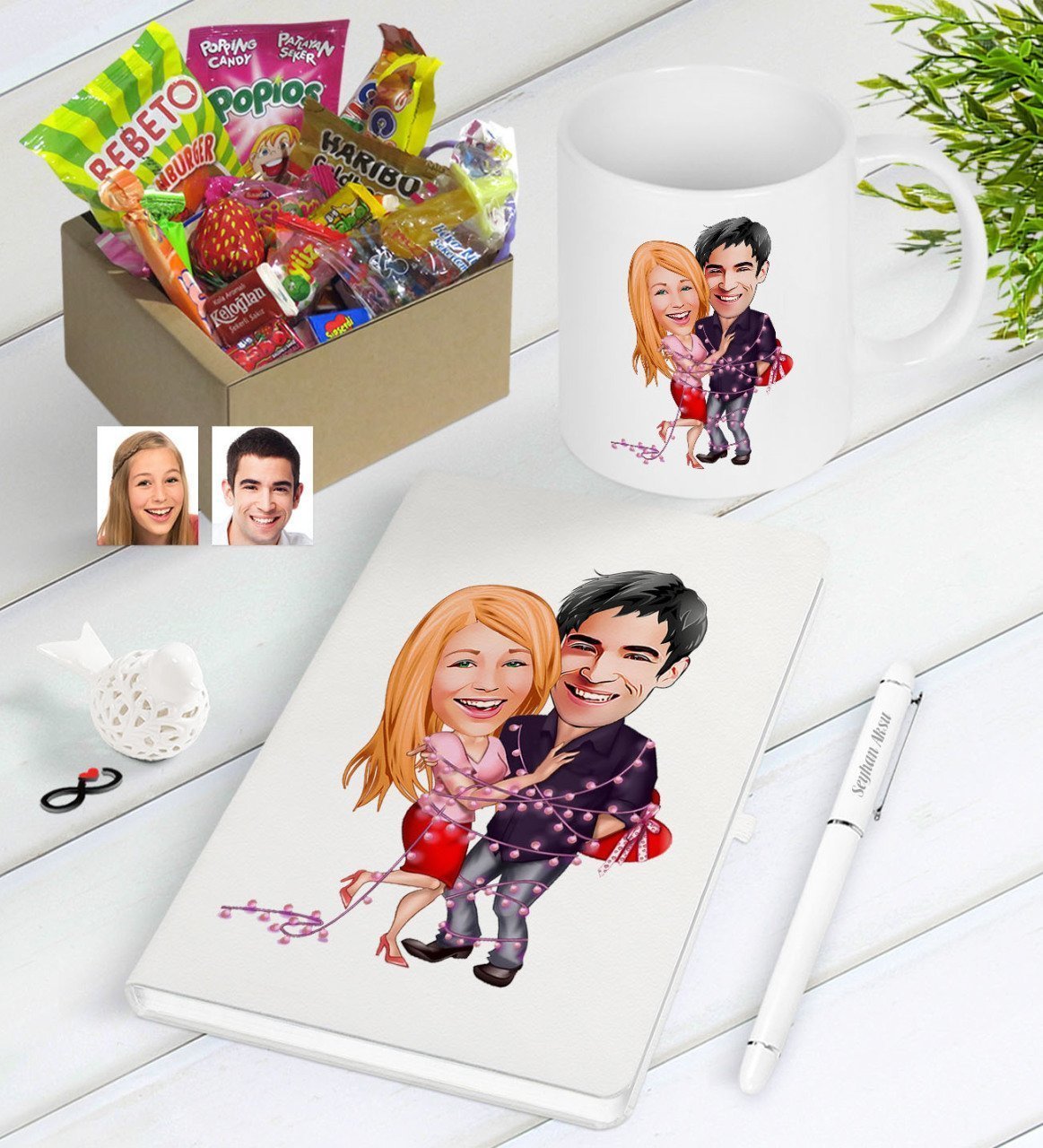 Kişiye Özel Sevgililer Karikatürlü Nostaljik Lezzetler Defter Kalem Kupa Hediye Seti-2