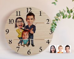 Kişiye Özel Aile Karikatürlü Otantik Ahşap Palet Saat-1