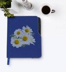 Kişiye Özel Papatya Temalı Lacivert Termo Deri Defter-12