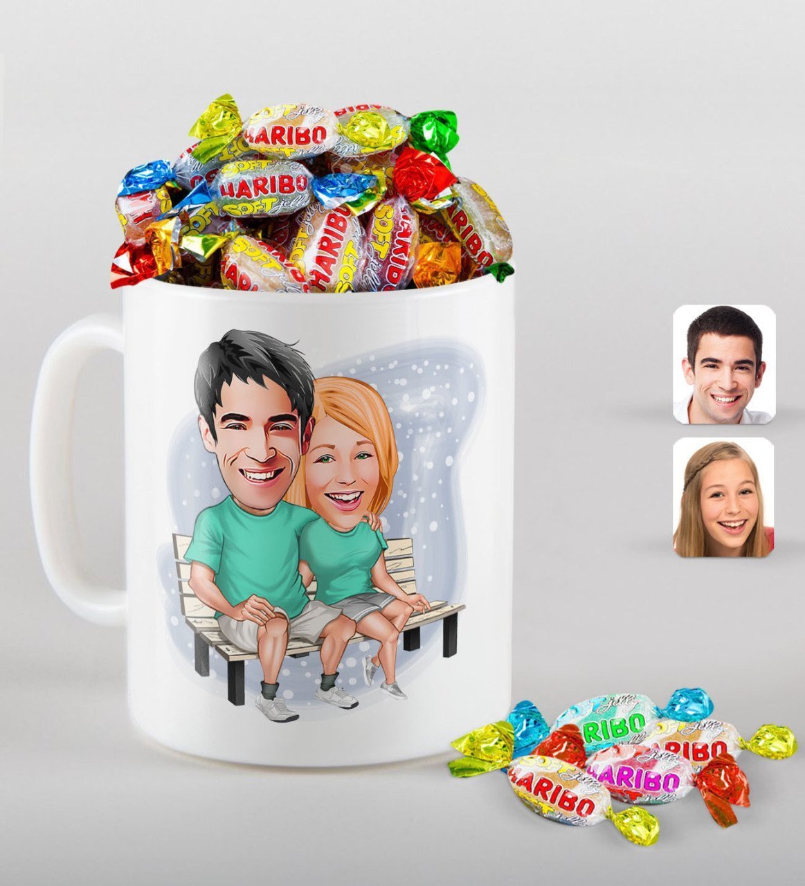 Kişiye Özel Sevgililer Karikatürlü Beyaz Kupa ve Haribo Şeker Hediye Seti-55