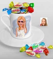 Kişiye Özel Bayan Karikatürlü Türk Kahvesi Fincanı ve Haribo Şeker Hediye Seti-18