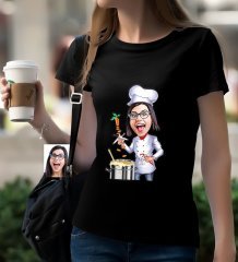 Kişiye Özel Bayan Chef Karikatürlü Siyah T-Shirt-1