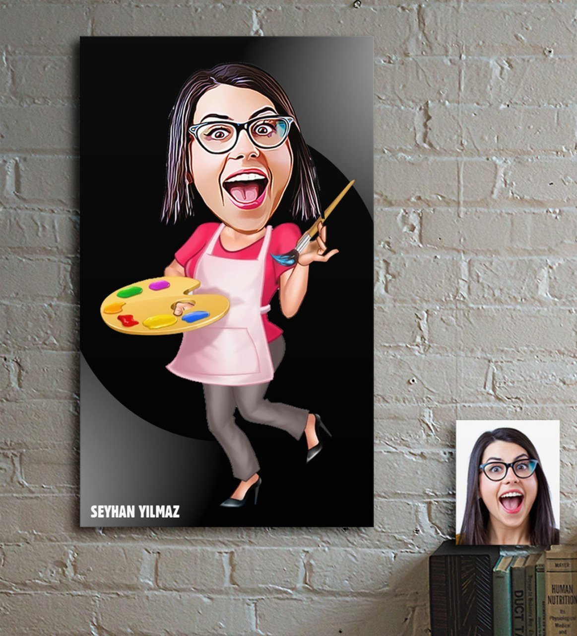 Kişiye Özel Bayan Ressam Karikatür Ahşap Tablo - 2