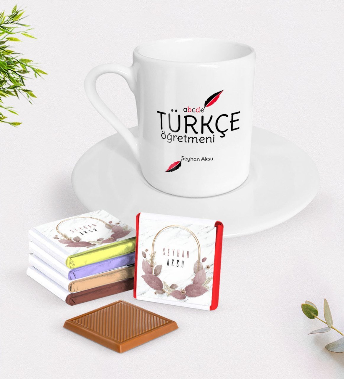 Kişiye Özel Türkçe Öğretmeni Türk Kahvesi Fincanı ve Çikolata Hediye Seti-2