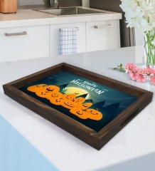 BK Gift Happy Halloween Tasarımlı Doğal Ahşap Tepsi-2