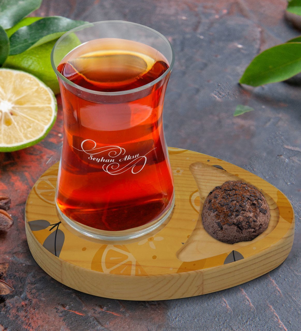 Kişiye Özel Limon Tasarımlı Doğal Ahşap Tabaklı Heybeli Çay Bardağı Sunum Seti Model 2
