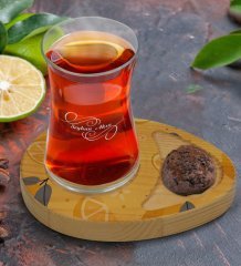 Kişiye Özel Limon Tasarımlı Doğal Ahşap Tabaklı Heybeli Çay Bardağı Sunum Seti Model 2