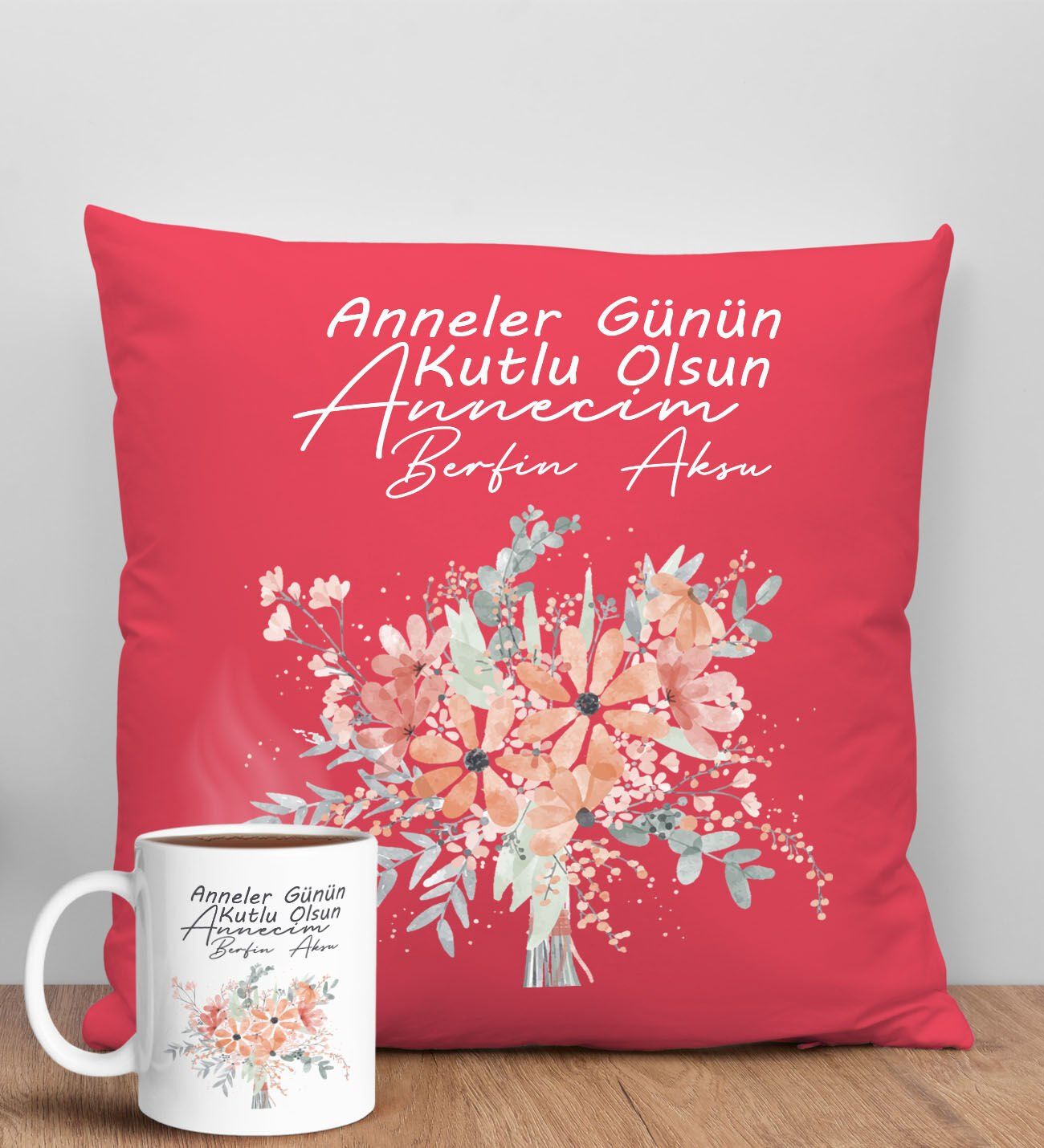 BK Gift Kişiye Özel İsimli Anneler Günü Tasarımlı Kırmızı Kırlent Yastık ve Kupa Seti, Anneye Hediye, Ev Dekorasyonu, Anneler Günü Hediyesi-9
