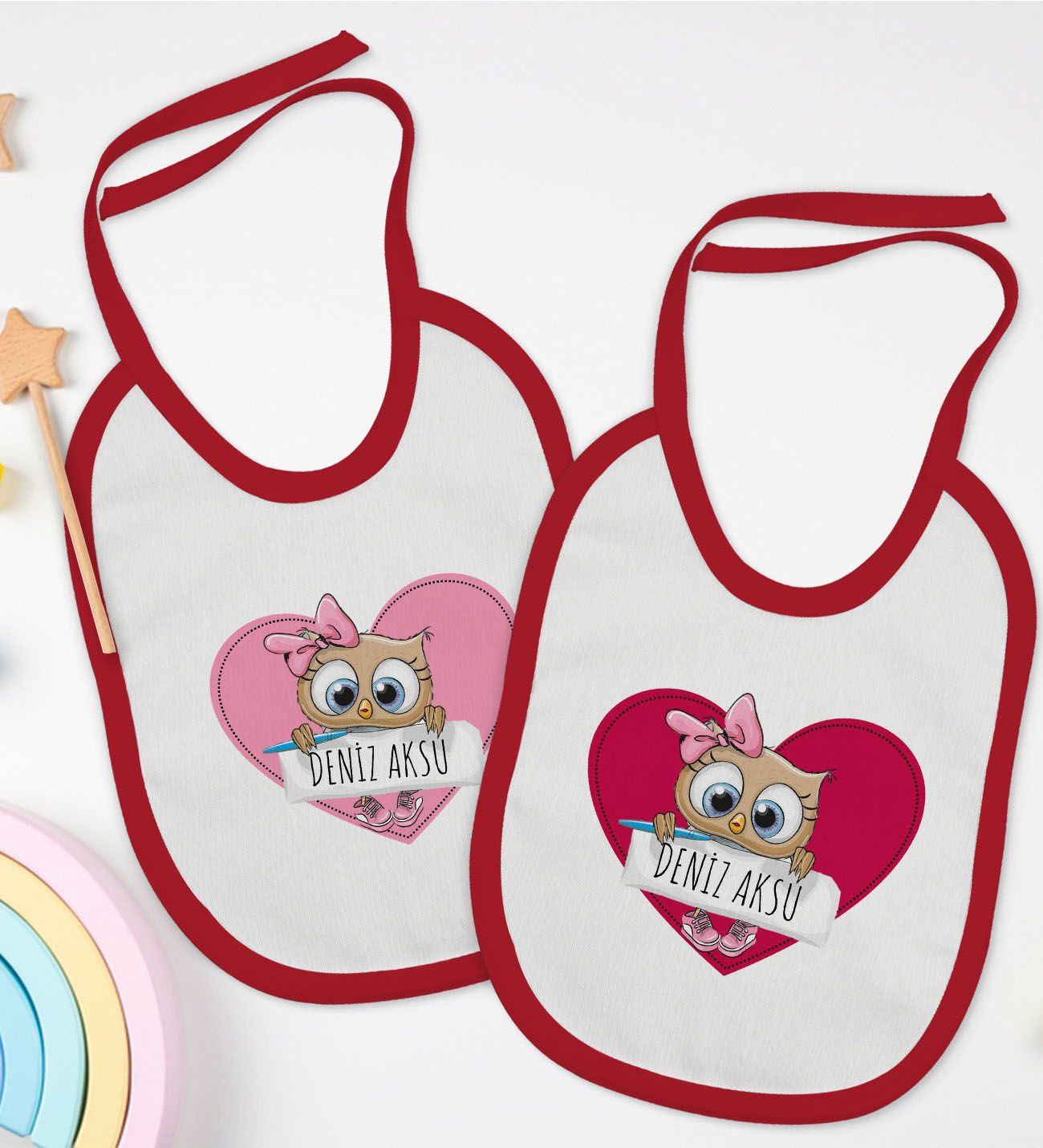 BK Kids Kişiye Özel İsimli 2’li Kırmızı Mama Önlüğü-17