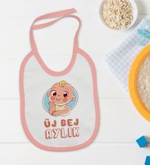 BK Kids Üj Bej Aylık Tasarımlı Pembe Bebek Mama Önlüğü-1