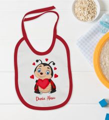 BK Kids Kişiye Özel Uğur Böceği Tasarımlı Kırmızı Bebek Mama Önlüğü-1