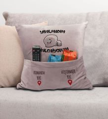 BK Gift Eğlenceli Tasarımlı Organizer Kumanda ve Atıştırmalık Cepli Pembe Kırlent Yastık- 5, Ev Dekoru, Ev Hediyesi