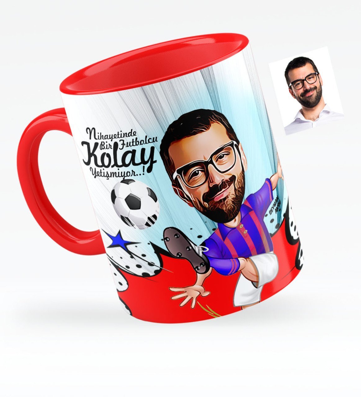 Kişiye Özel Bay Futbolcu Bordo Mavi Karikatürlü Kırmızı Kupa Bardak - 1