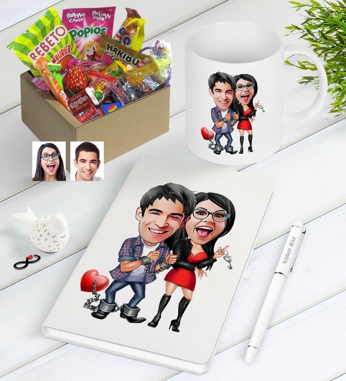 Kişiye Özel Sevgililer Karikatürlü Nostaljik Lezzetler Defter Kalem Kupa Hediye Seti-1