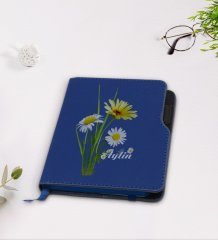Kişiye Özel Papatya Temalı Lacivert Termo Deri Defter-11