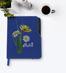 Kişiye Özel Papatya Temalı Lacivert Termo Deri Defter-11