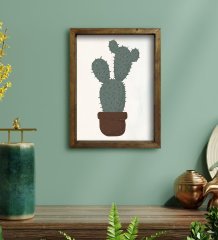 BK Gift Kaktüs Tasarımlı Doğal Masif Ahşap Çerçeveli Tablo 45x65cm-25