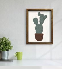 BK Gift Kaktüs Tasarımlı Doğal Masif Ahşap Çerçeveli Tablo 45x65cm-25