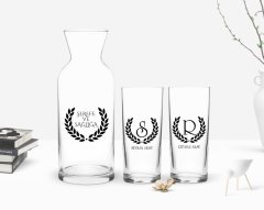 Kişiye Özel Renkli Baskılı Çelenk Baş Harfli İsimli İkili Rakı Bardağı ve Karaf Hediye Seti-3