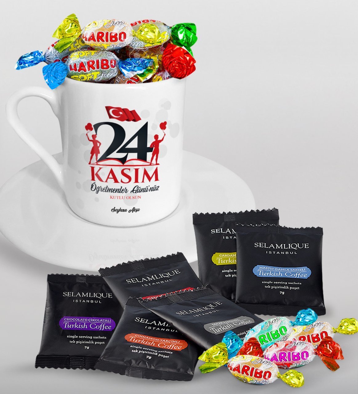 Kişiye Özel Öğretmenler Gününüz Kutlu Olsun Türk Kahvesi Fincanı Selamlique Karışık Türk Kahvesi ve Haribo Şeker Hediye Seti-2