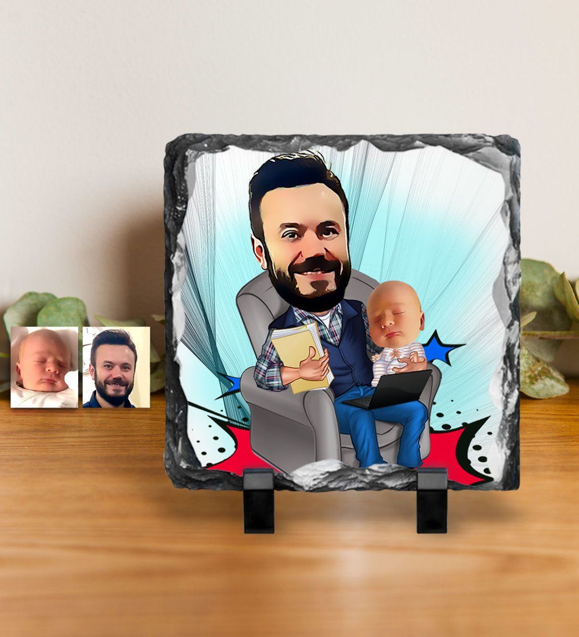 Kişiye Özel Baba Oğul Karikatürlü Dekoratif Doğal Taş - 1