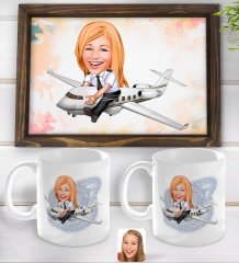 Kişiye Özel Kadın Kaptan Pilot Karikatürlü Doğal Ahşap Tepsi ve 2’li Kupa Bardak Seti-1
