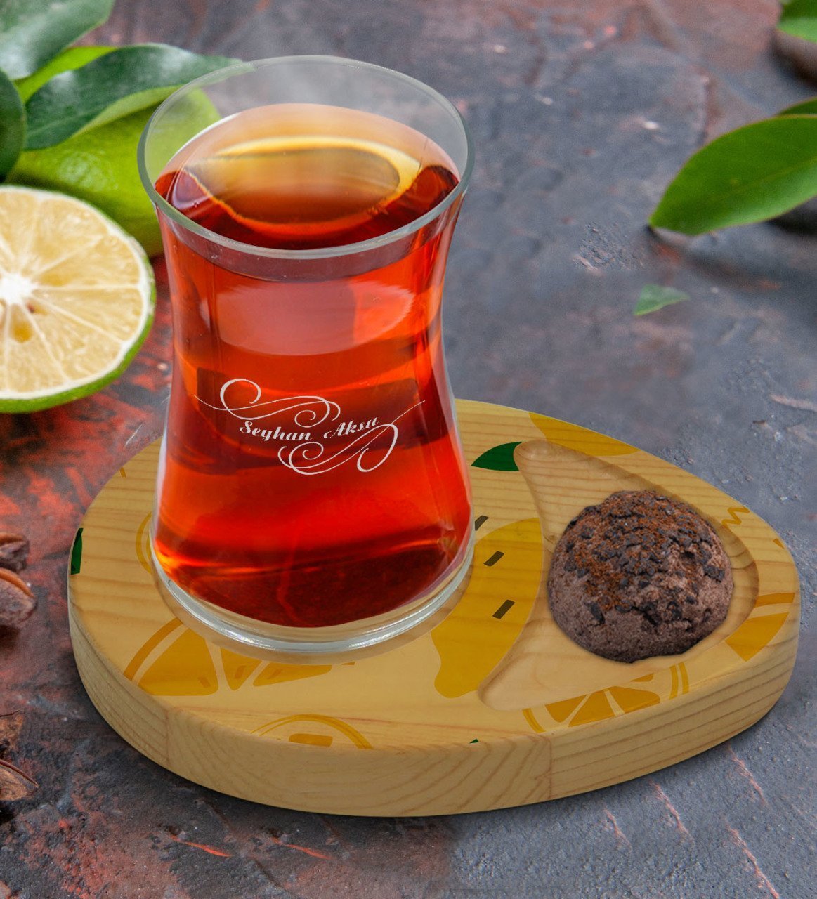 Kişiye Özel Limon Tasarımlı Doğal Ahşap Tabaklı Heybeli Çay Bardağı Sunum Seti Model 1