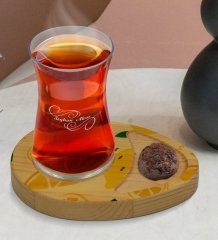 Kişiye Özel Limon Tasarımlı Doğal Ahşap Tabaklı Heybeli Çay Bardağı Sunum Seti Model 1