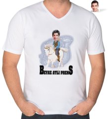 Kişiye Özel Beyaz Atlı Prens Karikatürlü V Yaka Tişört-3