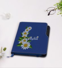 Kişiye Özel Papatya Temalı Lacivert Termo Deri Defter-8