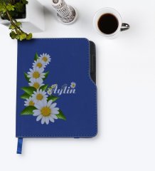 Kişiye Özel Papatya Temalı Lacivert Termo Deri Defter-8