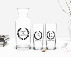 Kişiye Özel Renkli Baskılı Çelenk Baş Harfli İsimli İkili Rakı Bardağı ve Karaf Hediye Seti-2