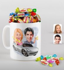 Kişiye Özel Sevgililer Karikatürlü Beyaz Kupa ve Haribo Şeker Hediye Seti-53