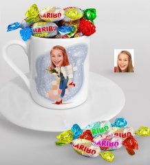 Kişiye Özel Bayan Karikatürlü Türk Kahvesi Fincanı ve Haribo Şeker Hediye Seti-13