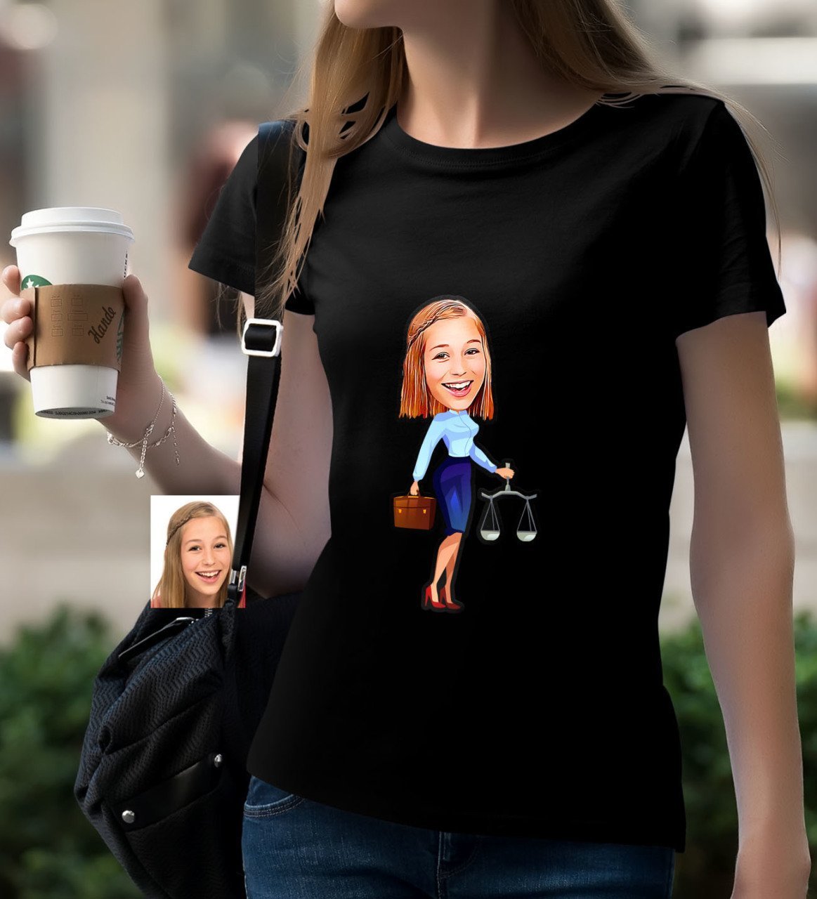 Kişiye Özel Bayan Avukat Karikatürlü Siyah T-Shirt-3