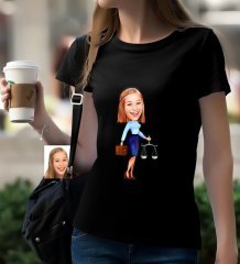 Kişiye Özel Bayan Avukat Karikatürlü Siyah T-Shirt-3