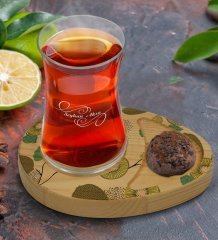 Kişiye Özel Kivi Tasarımlı Doğal Ahşap Tabaklı Heybeli Çay Bardağı Sunum Seti Model 1