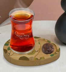 Kişiye Özel Kivi Tasarımlı Doğal Ahşap Tabaklı Heybeli Çay Bardağı Sunum Seti Model 1