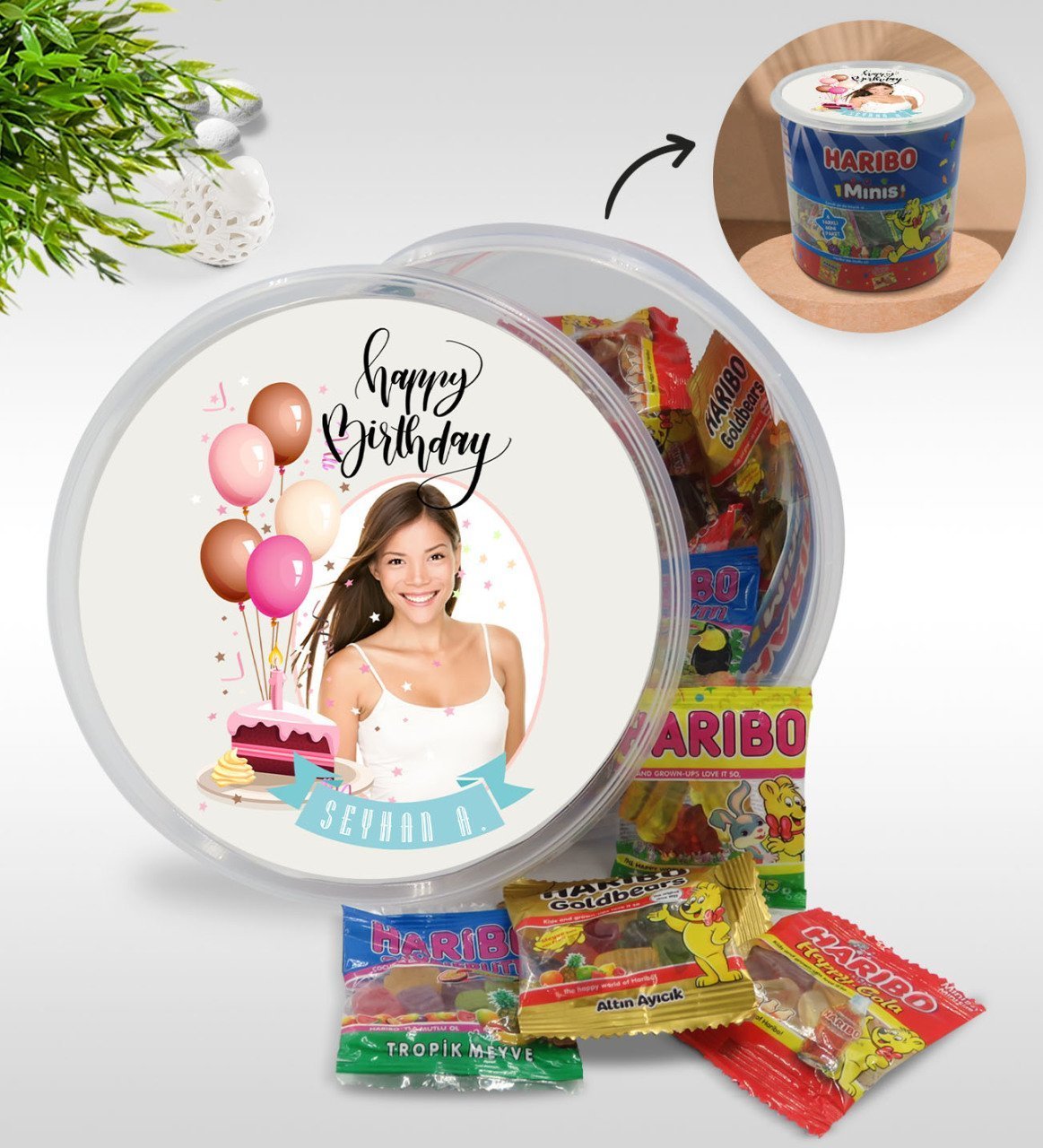 Kişiye Özel İsimli Fotoğraflı Doğum Günü Tasarımlı Dev Boy Haribo Minis Kovası (10gx100adet) Model 22