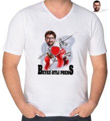 Kişiye Özel Beyaz Atlı Prens Karikatürlü V Yaka Tişört-2