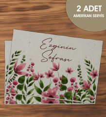 BK Gift Kişiye Özel Çiçek Tasarımlı 2’li Keten Amerikan Servis Seti-5, Ev Hediyesi,Baskılı Servis Bezi, Mutfak Dekoru