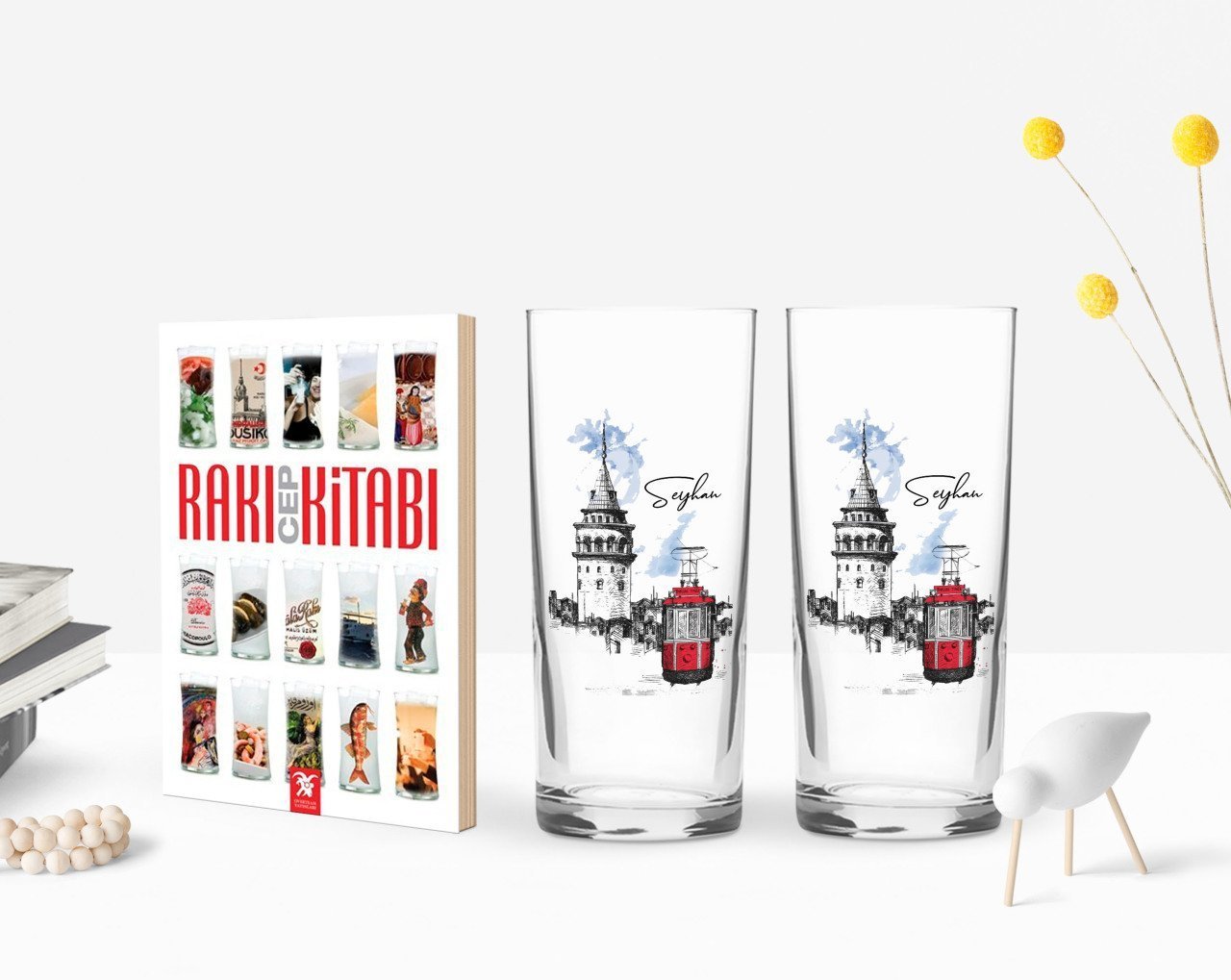 Kişiye Özel Renkli Baskılı İstanbul İkili Rakı Bardağı ve Rakı Cep Kitabı Hediye Seti-1