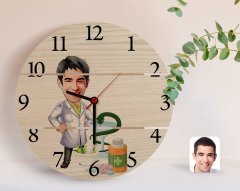 Kişiye Özel Erkek Eczacı Karikatürlü Otantik Ahşap Palet Saat-2